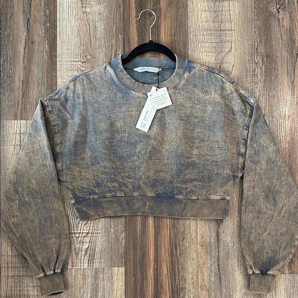 Zara Distressed Gray Cropped Sweatshirt